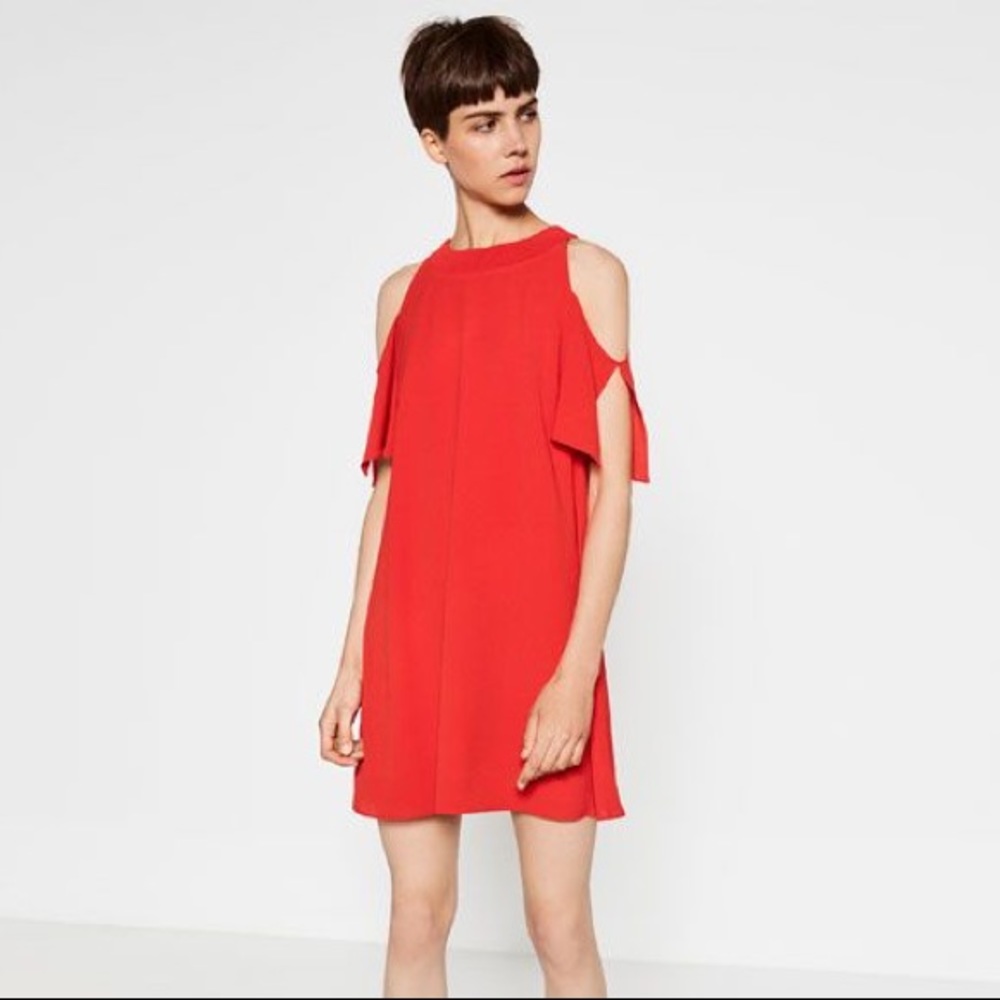 Zara Basic Red Flowy Crepe Cold Shoulder Dress - image 2